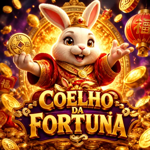 Card do jogo de slot Fortune Rabbit com o coelho da fortuna e moedas douradas