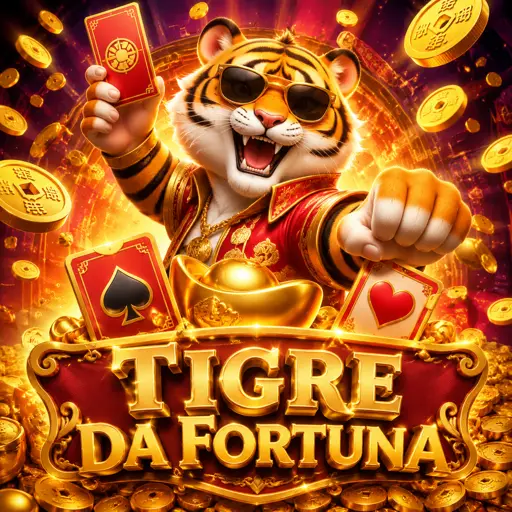 Card do jogo de slot Fortune Tiger com o tigre dourado e símbolos de sorte chineses