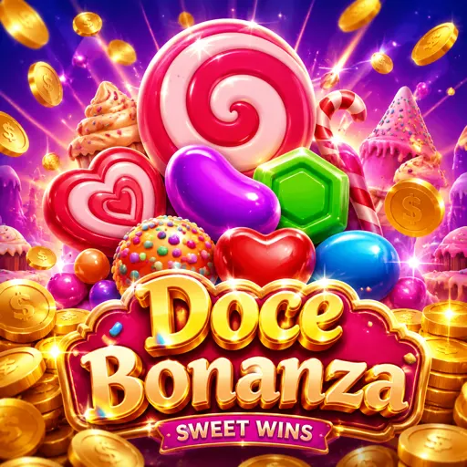 Card do jogo de slot Sweet Bonanza com doces coloridos e frutas saltitando